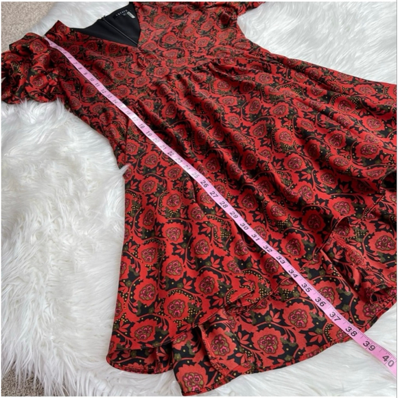 1 State Blooms Print Puff Sleeve V-Neck Fit & Flare Dress Wine Red L - Picture 13 of 13